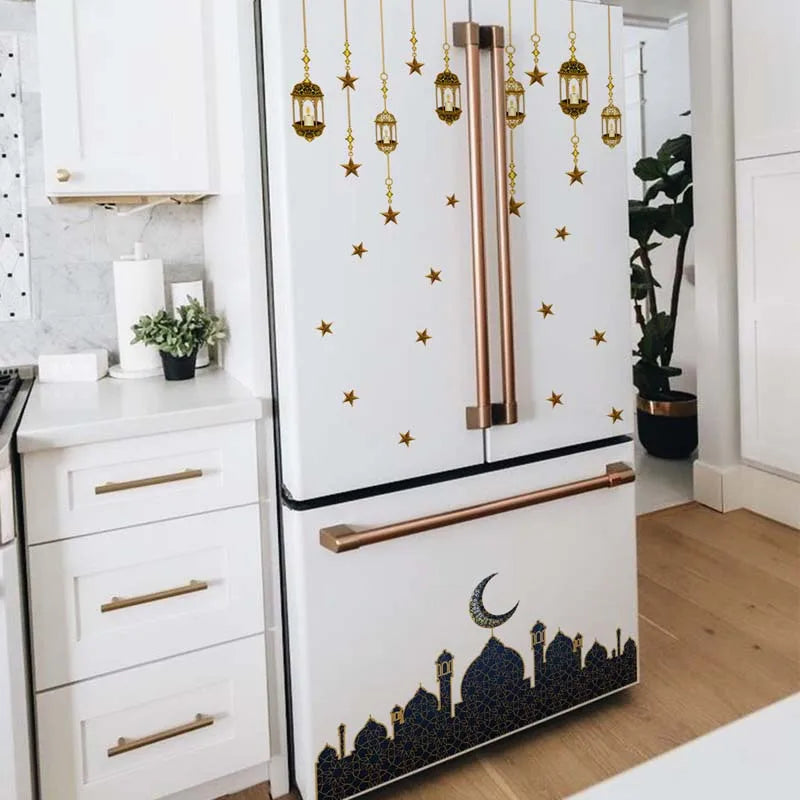 Ramadan Kareem Wall Stickers Moon Star Lantern Wall Decal 2024 Eid Mubarak Decorations for Home Muslim Islamic Party Decorations