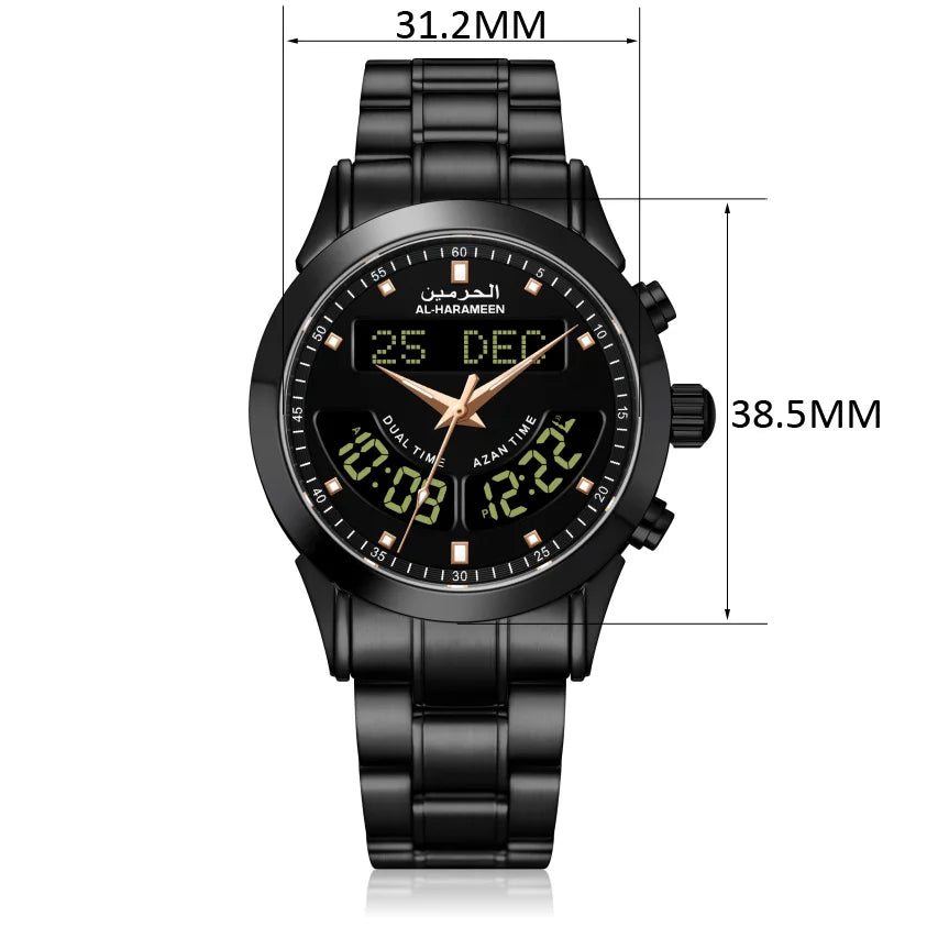 AL Harameen 6102FBB Azan Watch Islamic Prayer Alarm time for all Muslim Man's Stainless Steel Business Watch