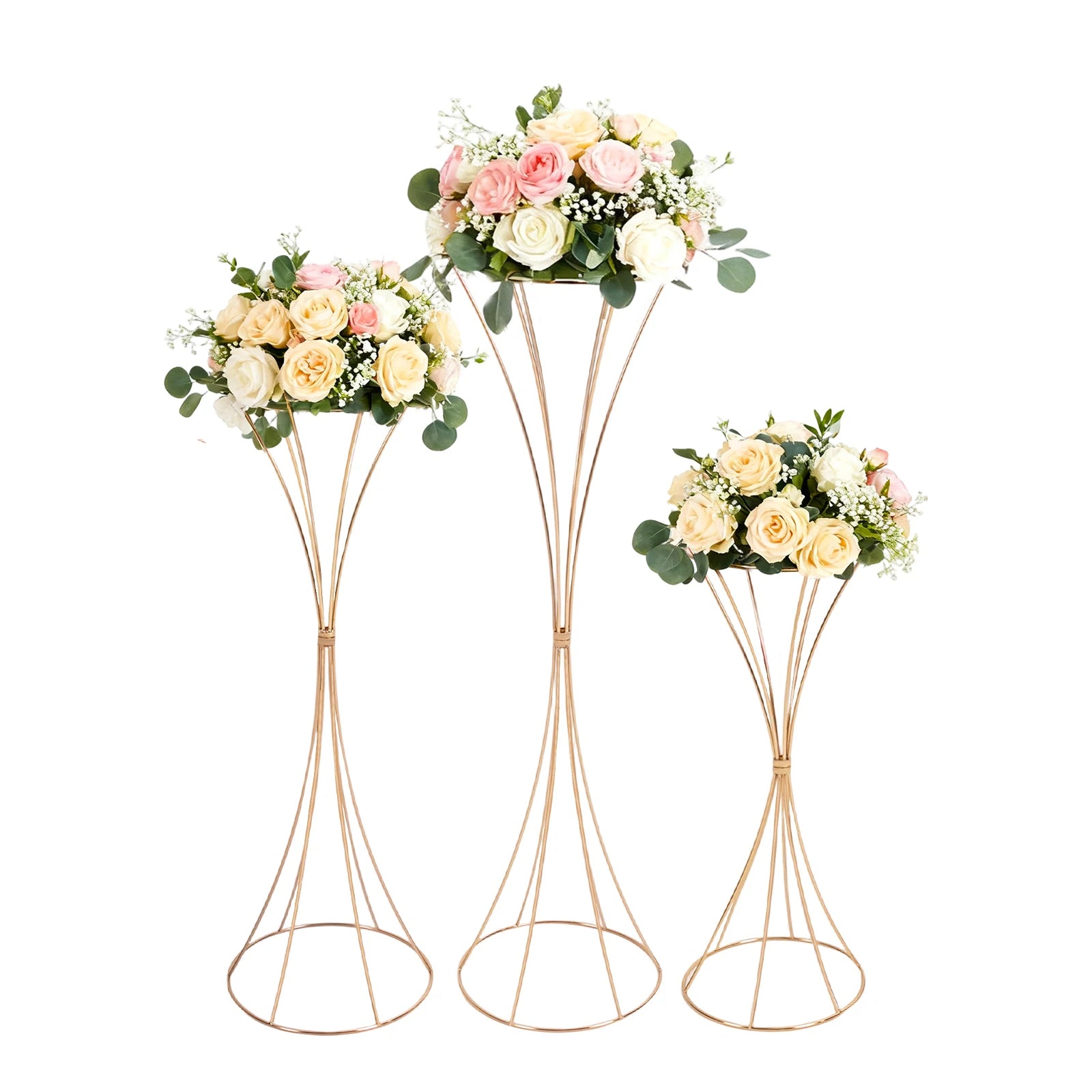 3PCS Hourglass-Shaped Golden Vase, Metal Wedding Centerpieces Vase, Flower Road Lead Stand for Table Wedding Party Banquet