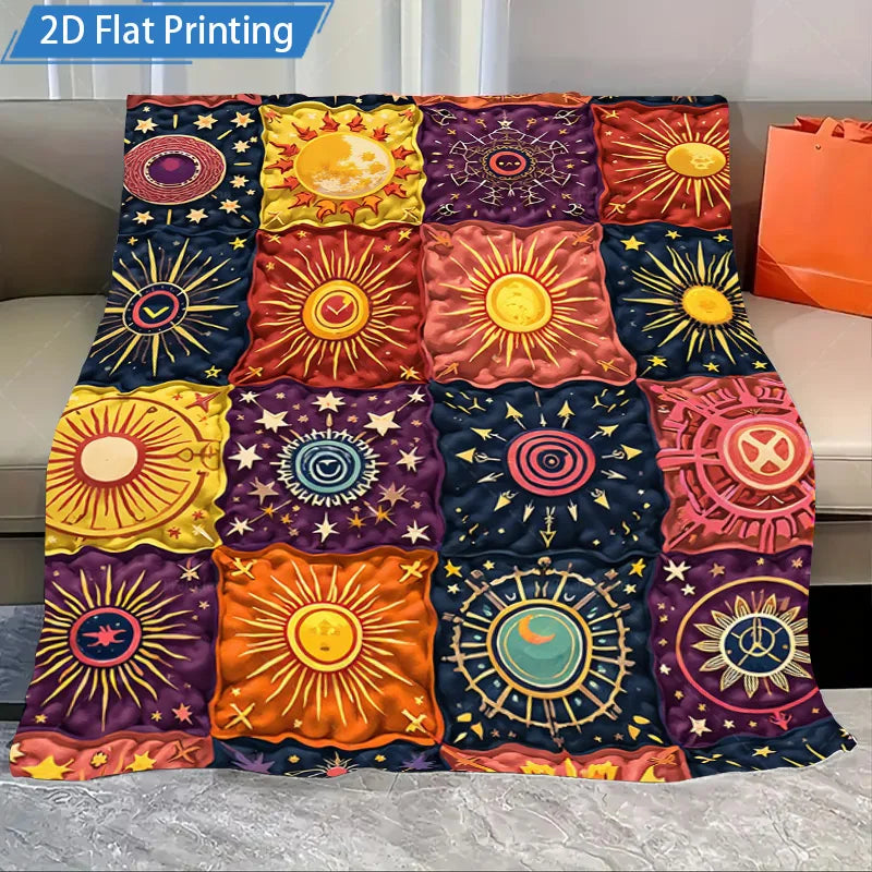 1pc Flannel Blanket Cosmic Sun Moon Stars Printed Fleece Blanket for Cozy Living Room or Bedroom Decor