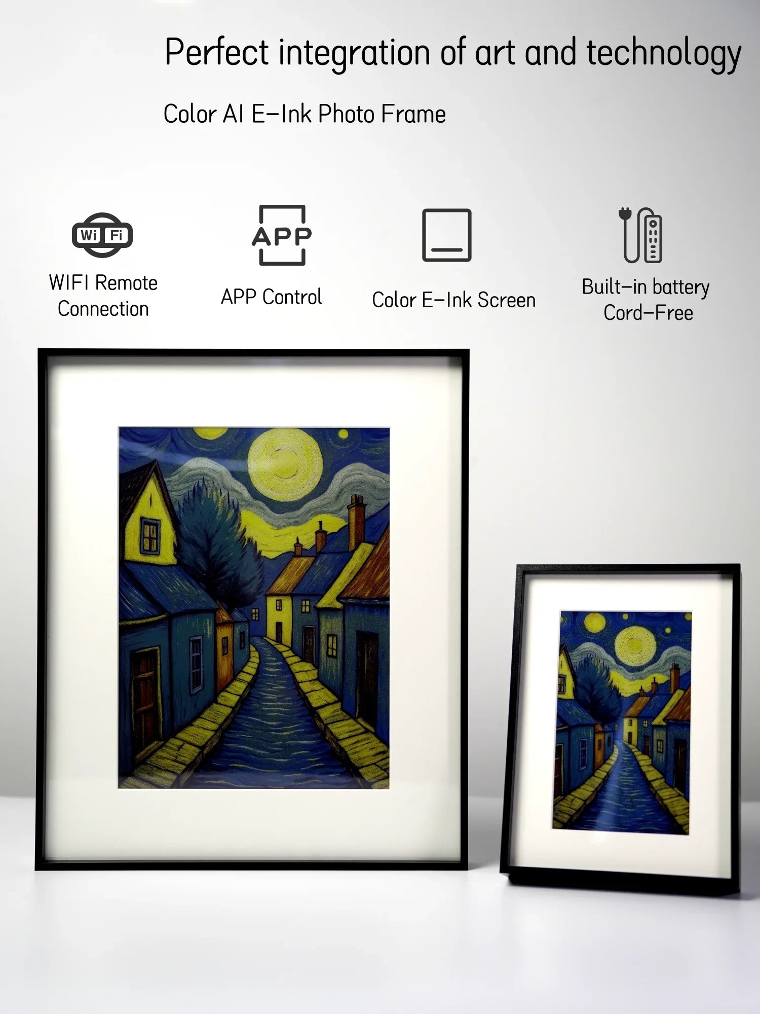 Hindetel 7.3 Inch Color Digital E-Ink Wooden Art Picture Frame, Wall Mounted, AI Generated for Home & Office