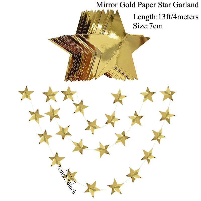 Gold EID Party Decorations Happy Birthday Banners Circle Twinkle Star Garland Metallic Tinsel Banners Hanging Streamer Backdrop