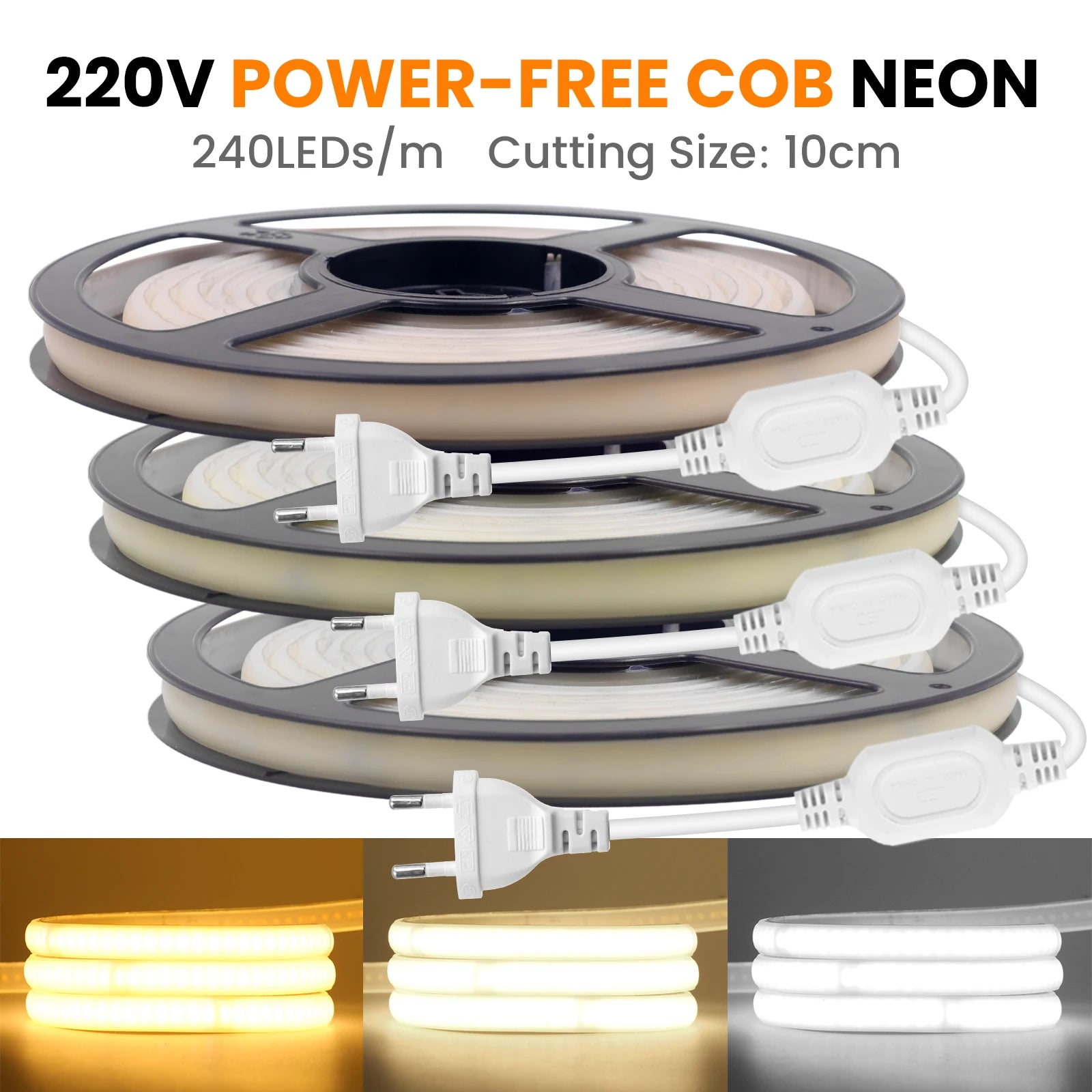 IP65 COB Self-adhesive Tape LED Neon Light Strips AC 230V RA90 Waterproof Outdoor Garden FOB Ribbon Lamp 2Pin Wire/EU Power Plug