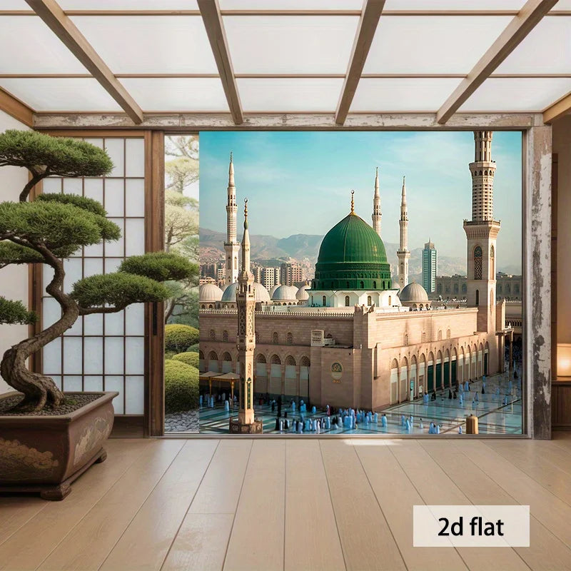 2D plane, 1pc Prophet in Medina polyester banner - Islamic religious wall art with green domes and spires,Eid al-Fitr decoration
