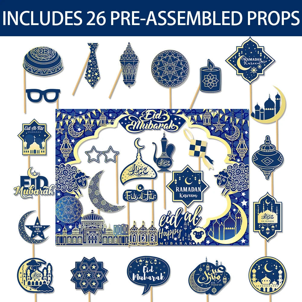 Ramadan Photo Booth Props Eid Mubarak Moon Star Lantern Photo Frame Selfie Ramadan Decorations 2025 Islamic Famliy Friends Gift