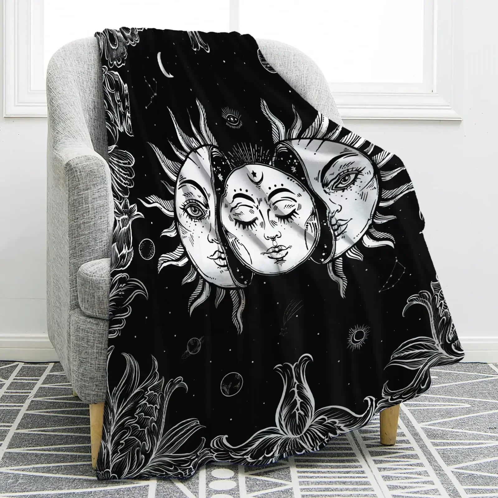 Sun Moon Blanket Star Space Psychedelic Black and White Print Throw Blanket for Couch Bed Sofa