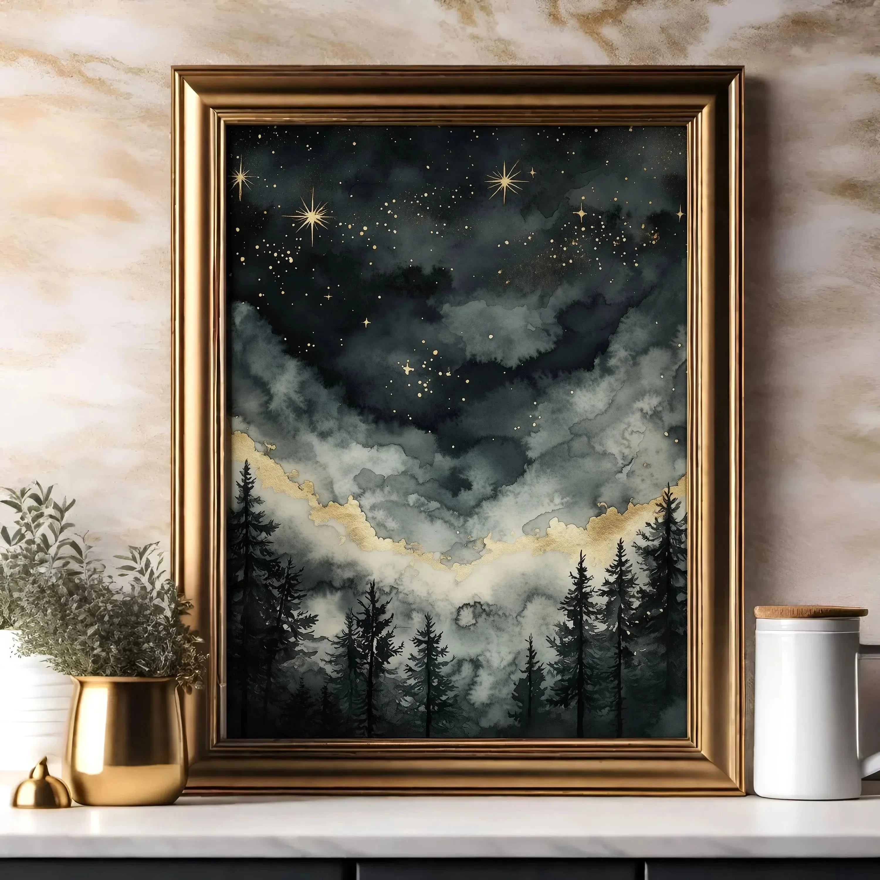 1pc Crescent Moon in Starry Night Sky Folk Art Floral Moon Stars Canvas Print Eclectic Decor Vintage Nature Wall Art Moody Decor