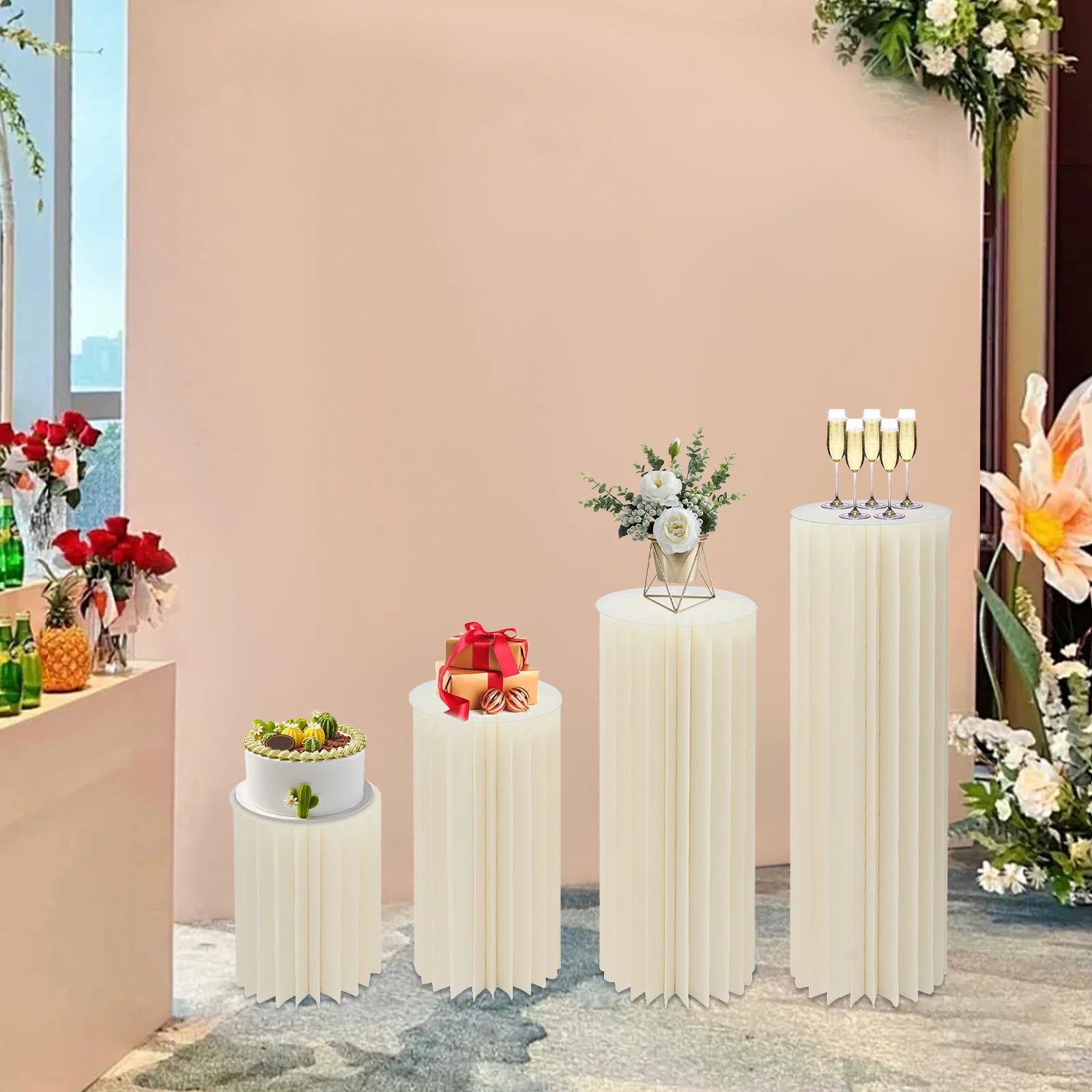 4Pcs Foldable Cardboard Flower Stands Wedding Centerpieces Display Dessert Table Column for Party Garden Decor (40+60+80+100cm)