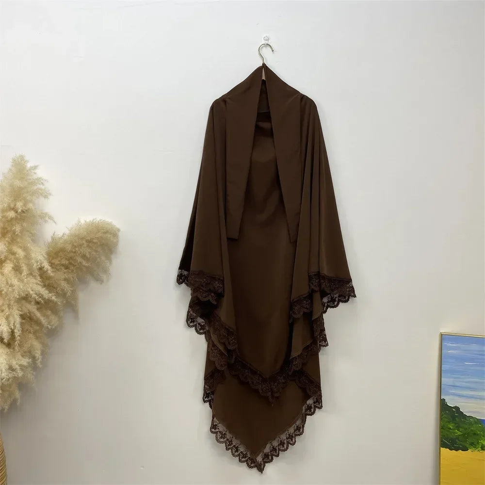 Eid Khimar Lace Long Khimar Hijab Scarf Muslim Modest Prayer Hijabs Islam Clothing Ramadan Djellaba Kebaya Jalabiya Headscarf