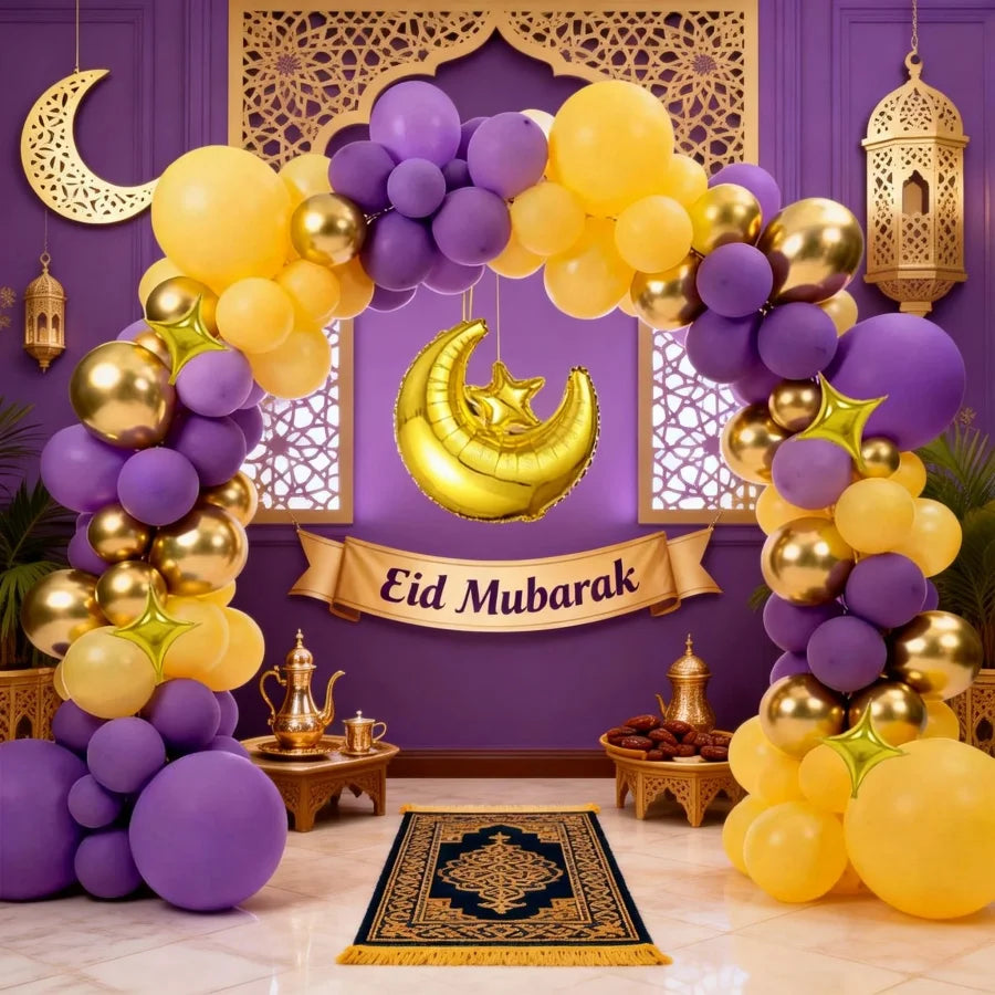 113Pcs Eid Mubarak Balloon Decoration Set Purple Yellow Gold Balloon Arch Kit with Moon Star Foil Balloons for Ramadan Eid Party