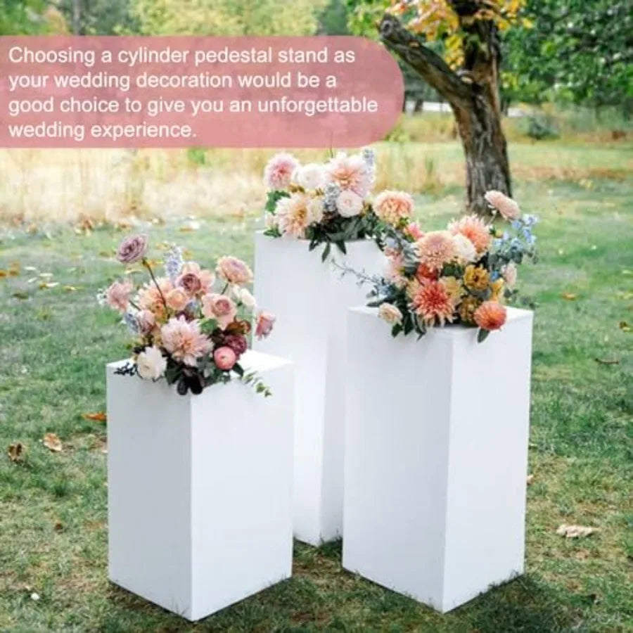 3PCS Square Pedestal Stands for Parties, White Metal Square Plinths Dessert Table Cube Display Pillars for Birthday Wedding Brid
