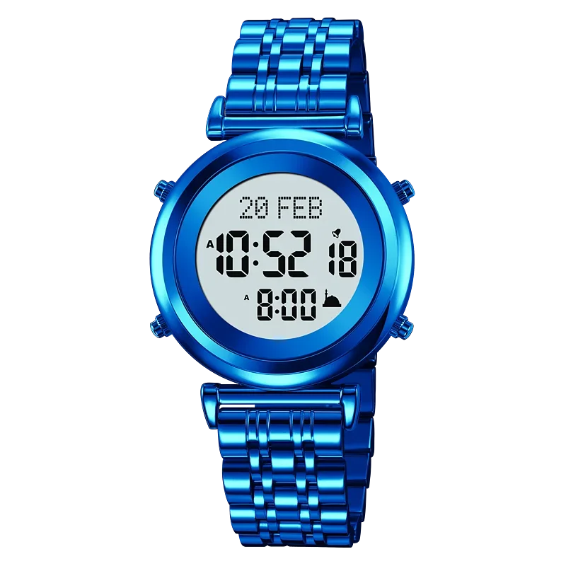 Muslim Azan Digital Watch Mens Back Light Waterproof Steel Hijri Islamic Wristwatch Prayer Qibla Compass Alarm Clock