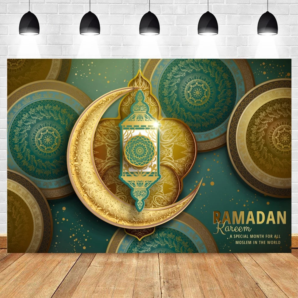 Ramadan Kareem Photography Backdrop EID Mubarak Islamic Mosque Lamps Moon Star White Cloud Photo Background Studio Poster Decor