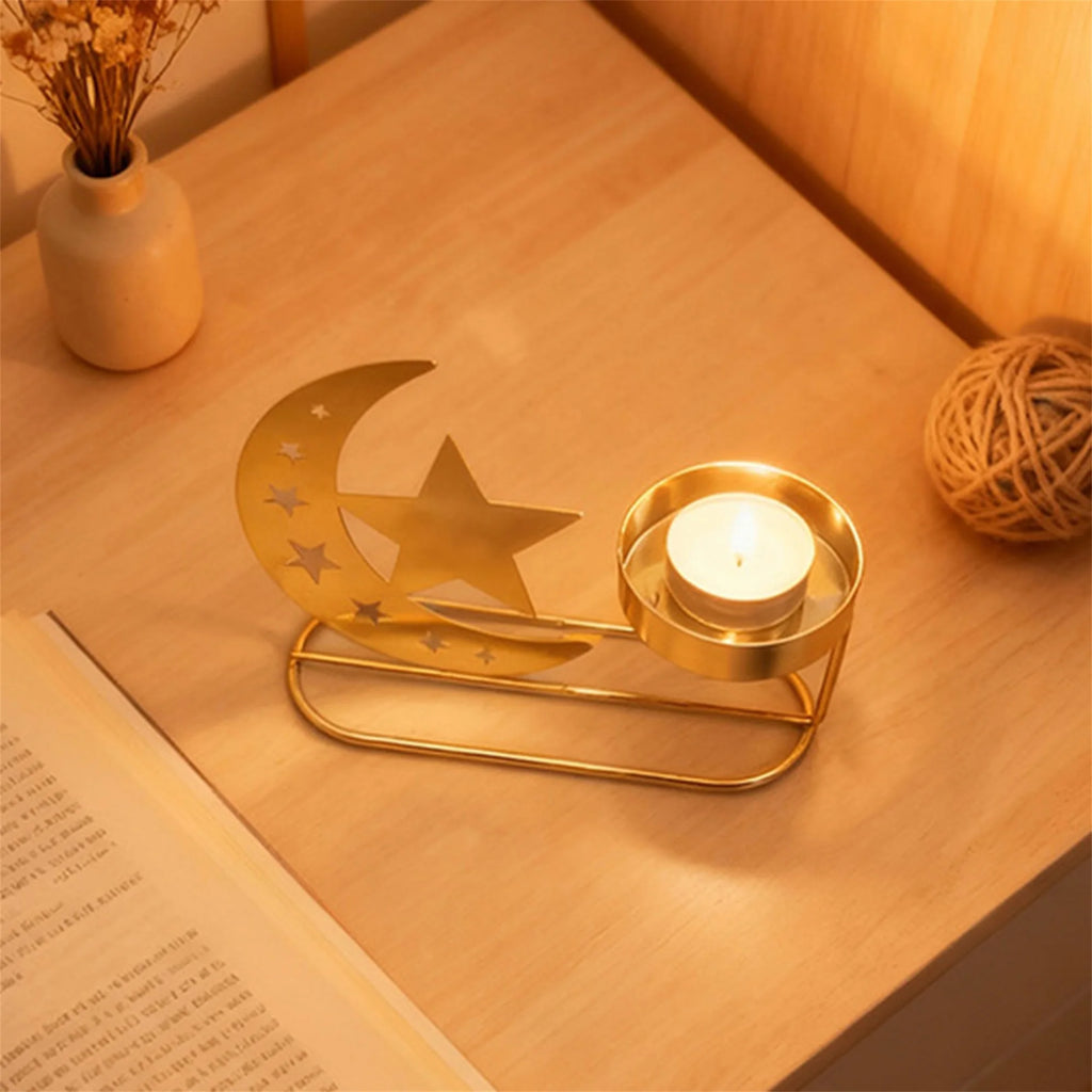 Elegant Ramadan Crescent Moon Candle Holders Set with Eid Mubarak Table Centerpiece for Home Decor and Festive Patio Display