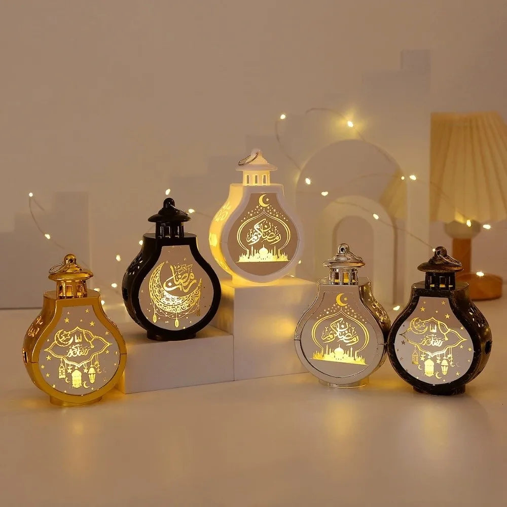 New Eid Mubarak Moon Ramadan Decoration LED Lantern Plastic Handheld Moon Lantern Castle Lights Islamic Party Decoration
