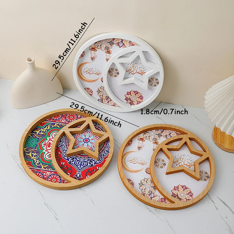 1pc EID Mubarak Wooden Ornaments Decor Star And Moon Tray Ramadan Decoration Home Islamic Muslim Party Decor Party Supply