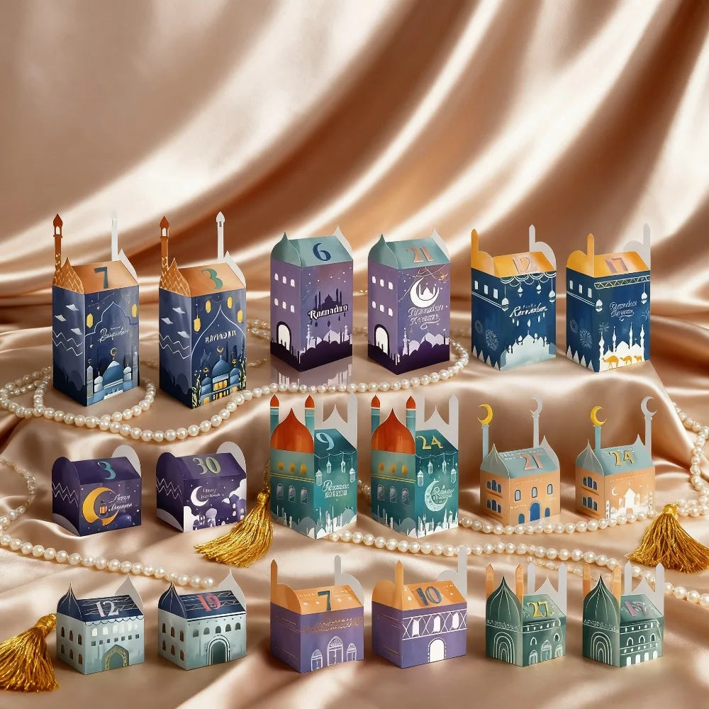 30-piece Ramadan "Exotic Countdown Gift Box"! Mosque Night Scene Design, Colourful and Unique Shapes, Printing Ramadan Dates,