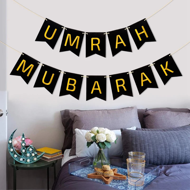 Umrah Mubarak Banners EID Mubarak Decoration 2025 for Home Bunting Banner Ramadan Kareem Islamic Muslim Party Eid Al Adha Gifts