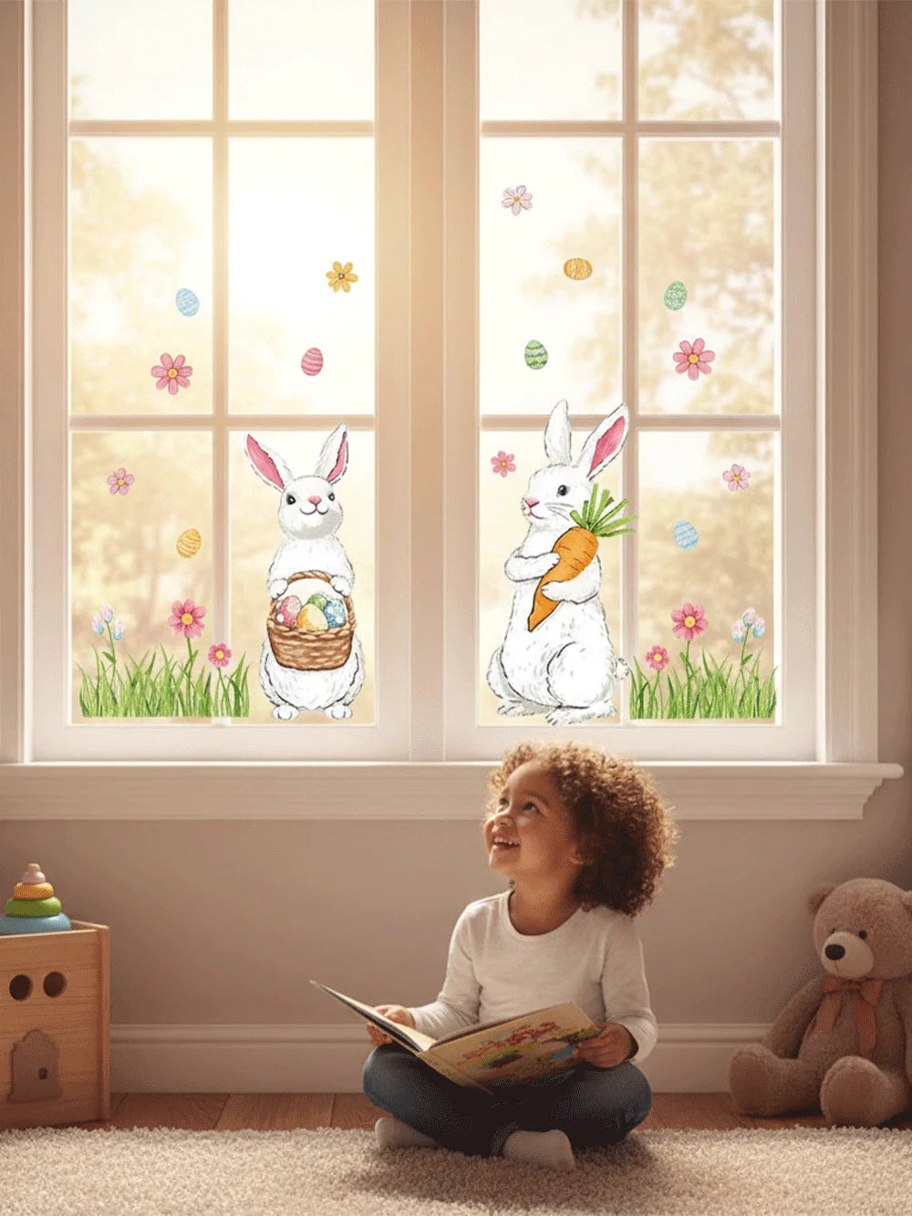 6 Sheets Happy Easter Decorations Window Clings Bunny Eggs No Glue Stickers Static Glass Decal Spring Party Home Decor Kids Gift