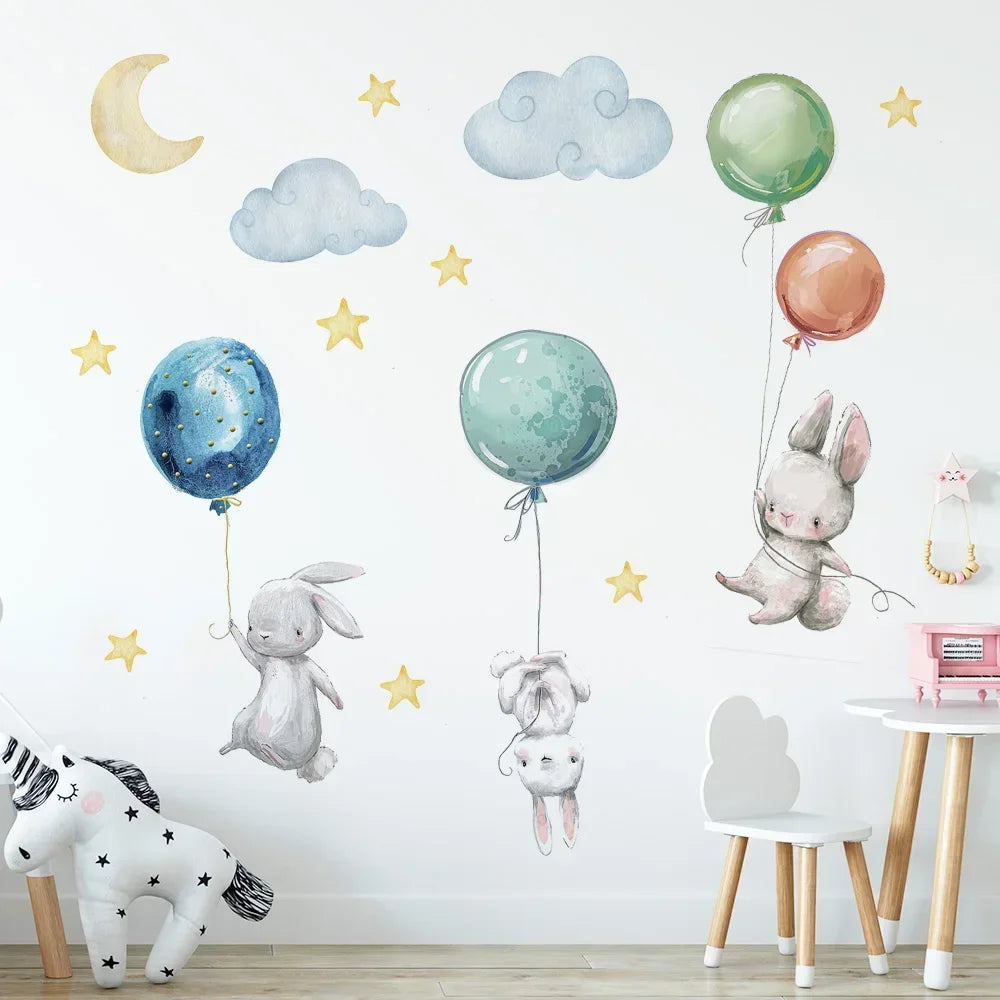 Flying Rabbits Wall Stickers Cute Lovely For Kids Balloons Moon Star Cloud Removable Decal Nursery Baby Room Decor Poster Mural