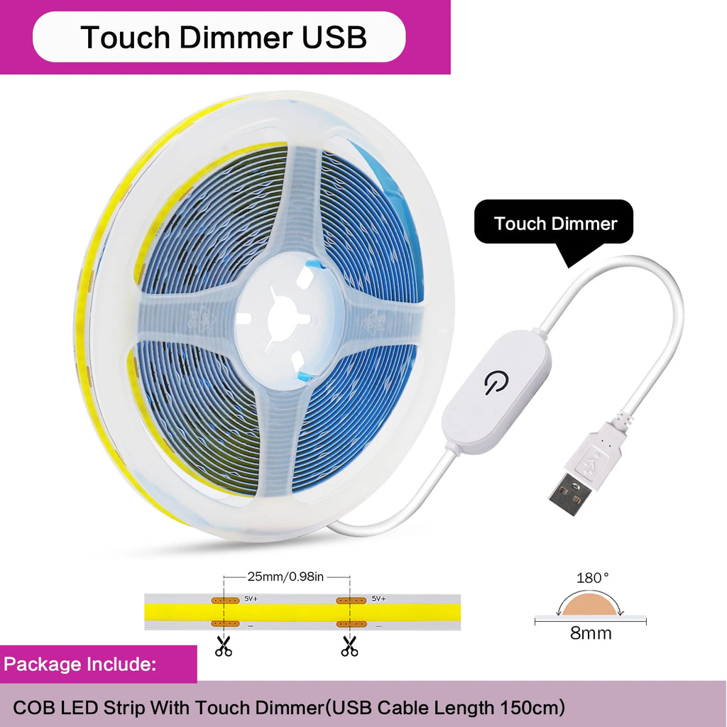 5V COB LED Light Strip With Touch Dimmer/ON OFF Switch/3Key Dimmer 320LEDs/M High Density LED Lamp Room Bar TV Backlight 9Colors