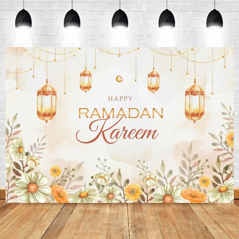Ramadan Kareem Photography Backdrop EID Mubarak Islamic Mosque Lamps Moon Star White Cloud Photo Background Studio Poster Decor