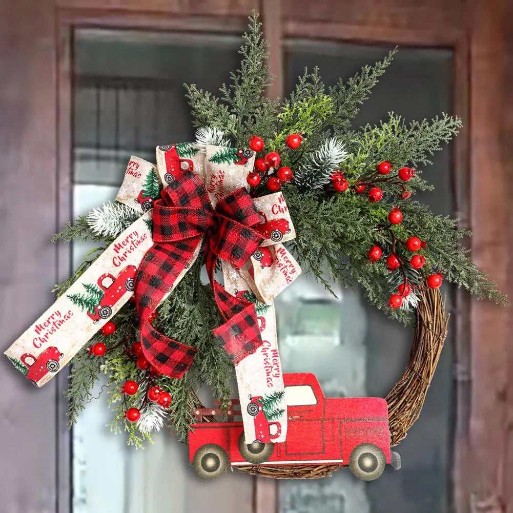 1pcs Farmhouse Christmas Wreath 35x43cm Red Truck Straw Decor Door Hanger For Home Indoor Outdoor Holiday Christmas Decoration