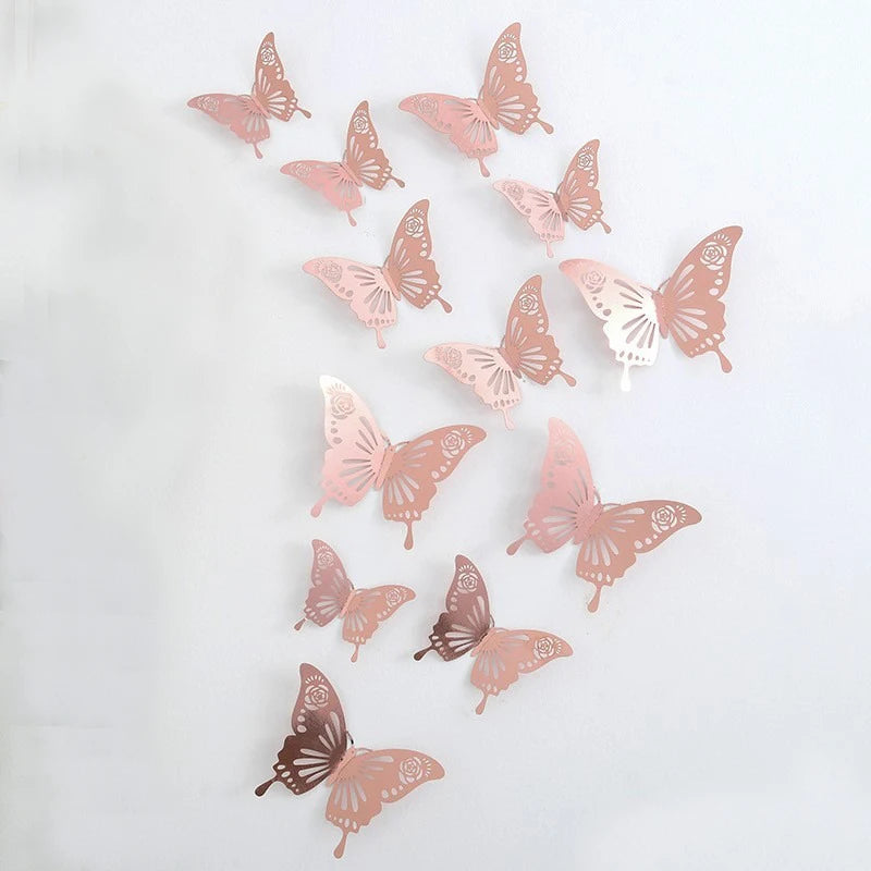12/24/48Pcs 8cm 3D Butterfly Wall Stickers Gold Butterfly Decorations for Butterfly Birthday Party Cake Room Window Garden Decor
