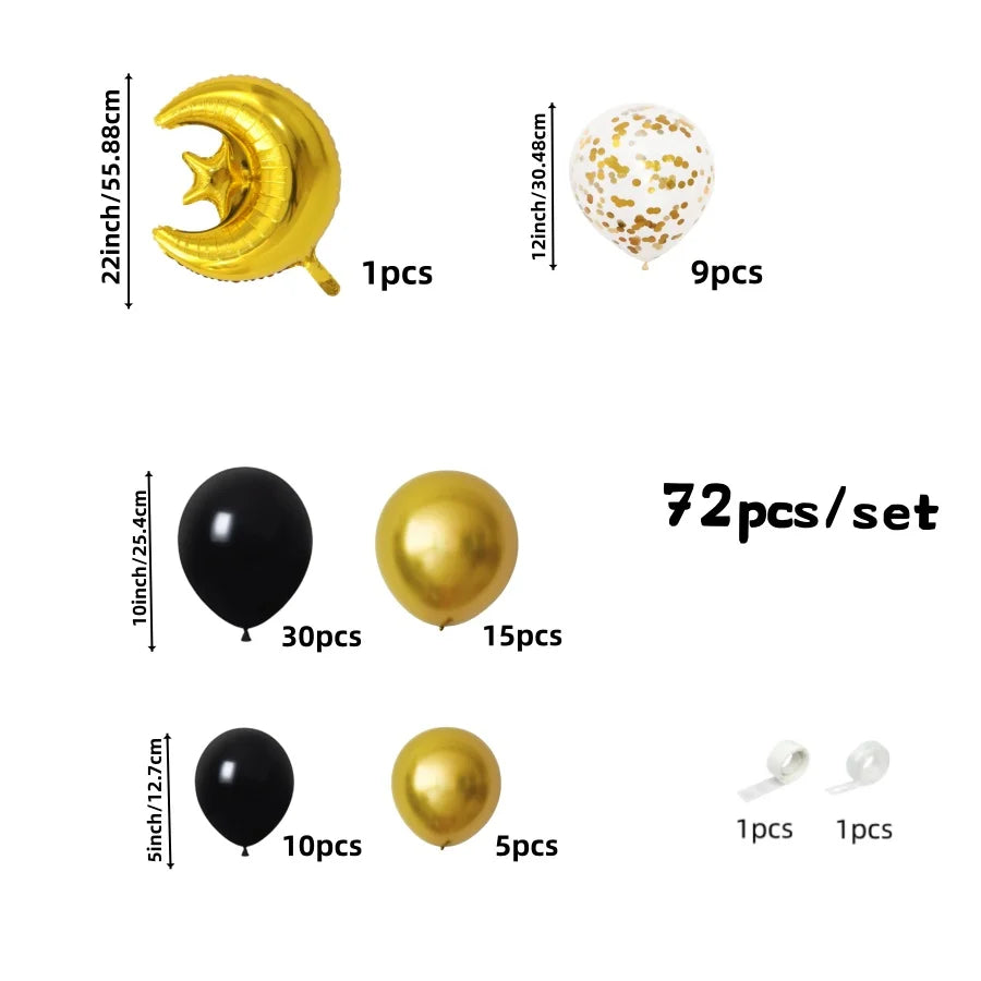 72-Piece Eid Balloon Arch Kit - Black and Gold Moon and Star Balloons, Festive Ramadan Decorations, Suitable for Muslim Party Backdrops
