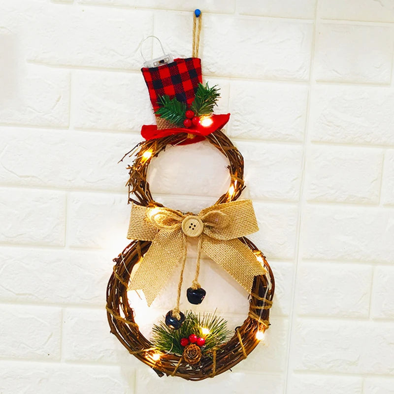 Christmas Snowman Wreath Garland Led Light Door Decoration Artificial Home Window Wall Background Door Hanging Luminous Ornament