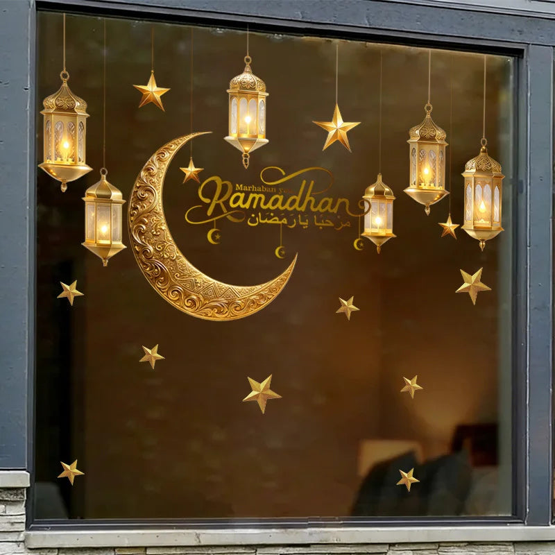 Ramadan Wall Decor Stickers Islamic Muslim Wall Decals Eid Mubarak Ramadan Lantern Moon Star Window Decor for Home Decorations