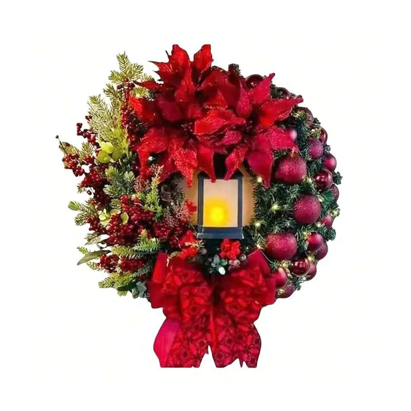 30cm Christmas Wreath With Lantern Front Door Garland With Large Bow Seasonal Ornament Christmas Decoration For Front Door Wall