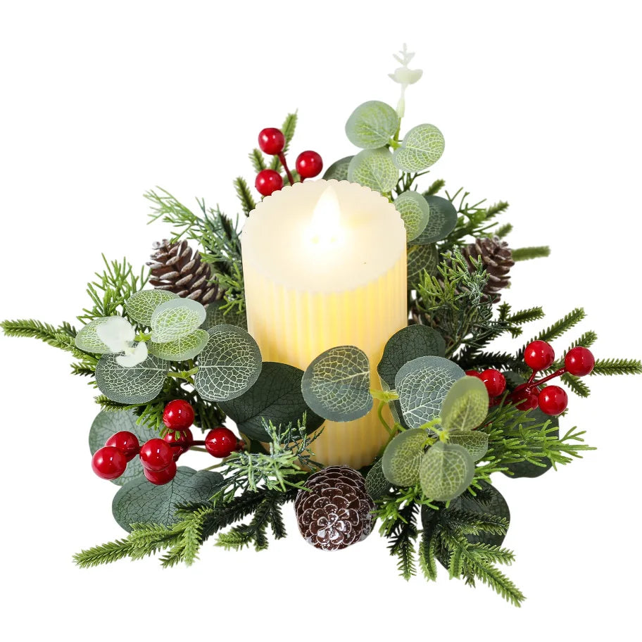 Red Berry Wreath Classic Candle Holder Decorative Ring Festive Pinecone Decoration For Table Decor Holiday Gathering Christmas