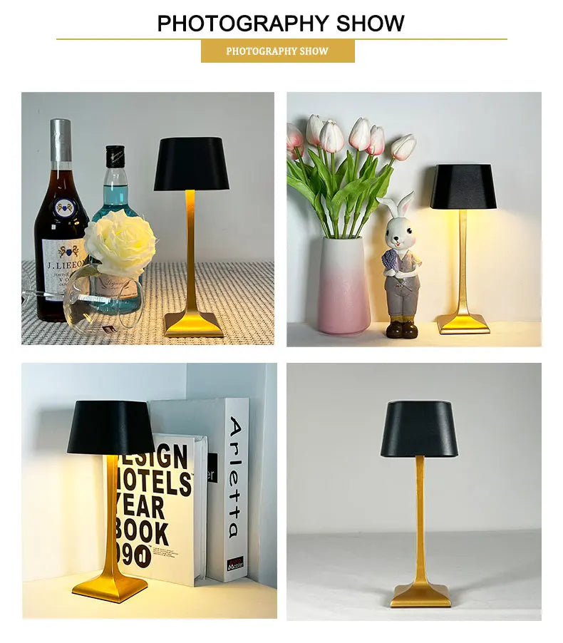 Home and hotel decoration Nordic luxury wireless dimmable portable rechargeable table lamp in gold and black