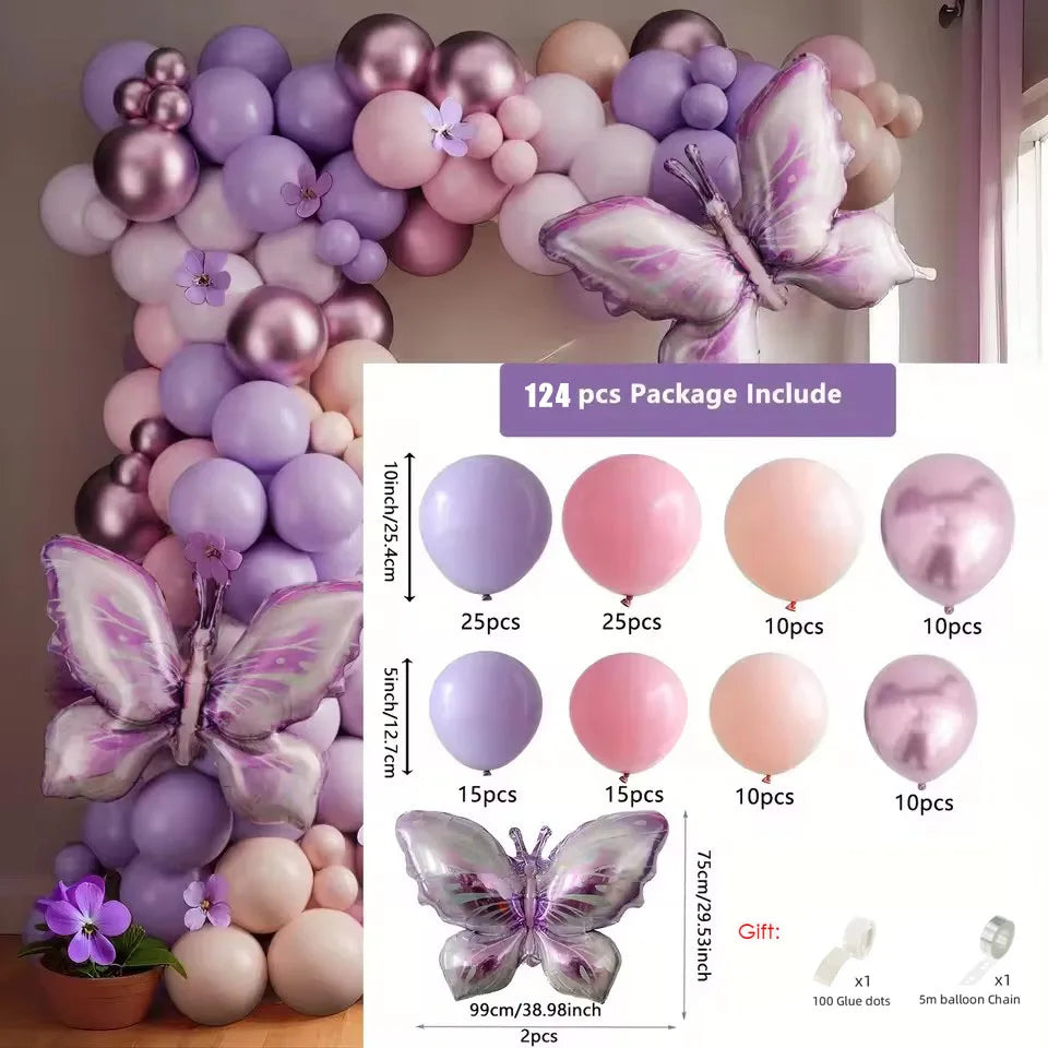 Butterfly Balloon Garland Arch Kit Macaron Purple Pink Orange Balloon Girls Birthday Party Wedding Anniversary Event Decoration