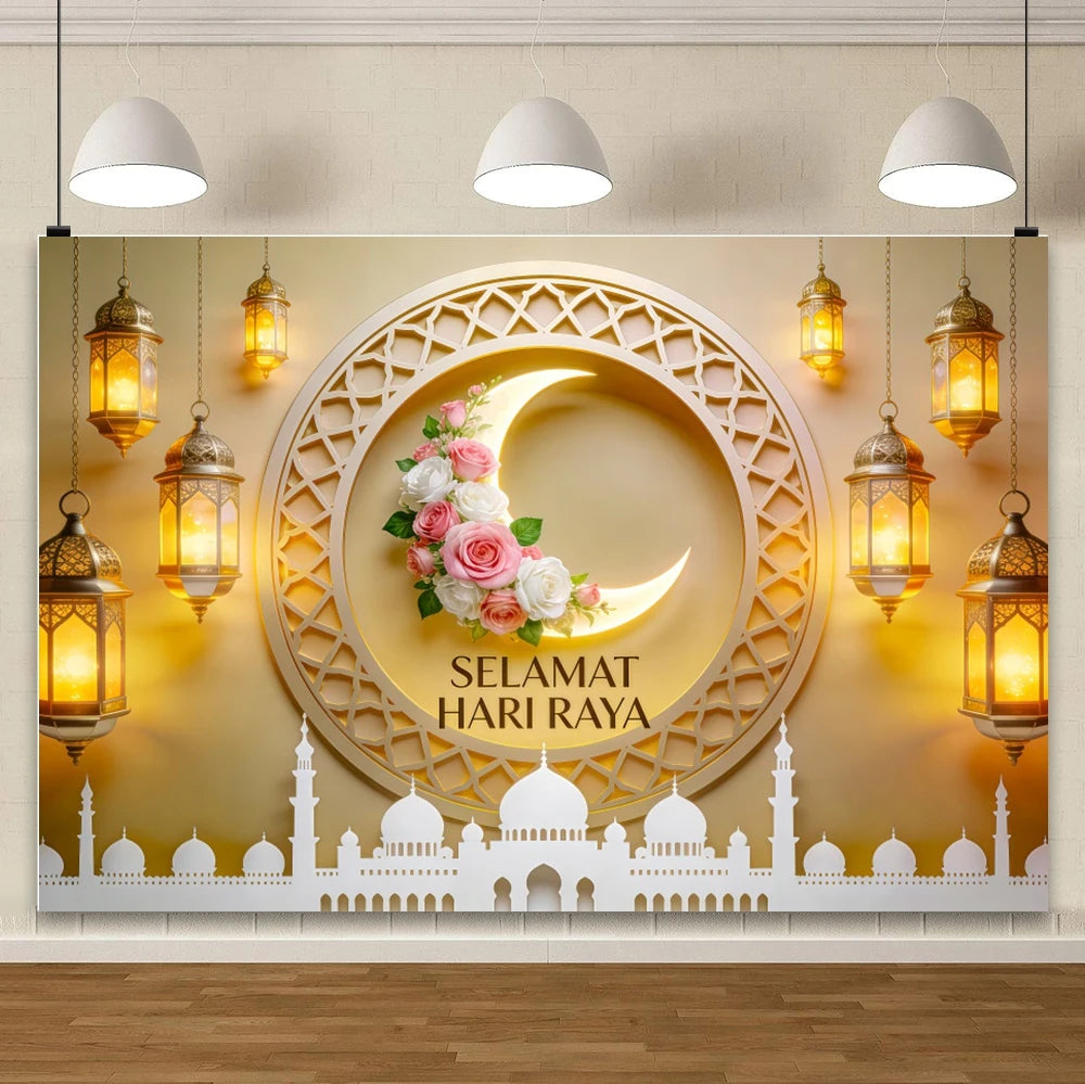 Eid Mubarak Hari Raya Theme Backdrop Islamic Architecture Crescent Moon Gold Decor For Festival Celebration Photo Booth Gift Pos