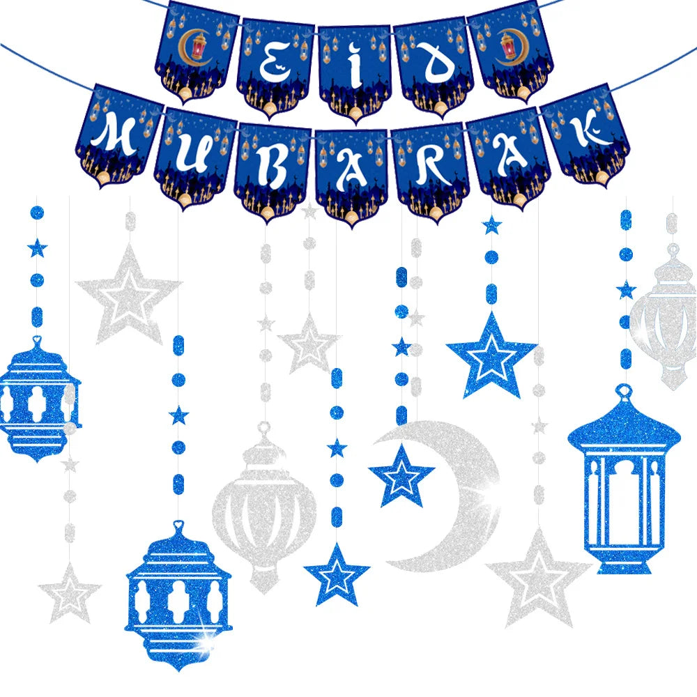 Eid Mubarak Banners Ramadan Mubarak Kareem Decorations Hanging Swirls Streamer Moon Star Party Decor lslam Muslim Party Supplies