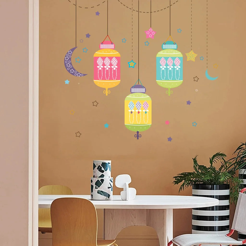 Eid Mubarak Moon Star Lantern Wall Stickers Ramadan Kareem Wall Window Decals Muslim Islamic Decorations Ramadan Home Decor
