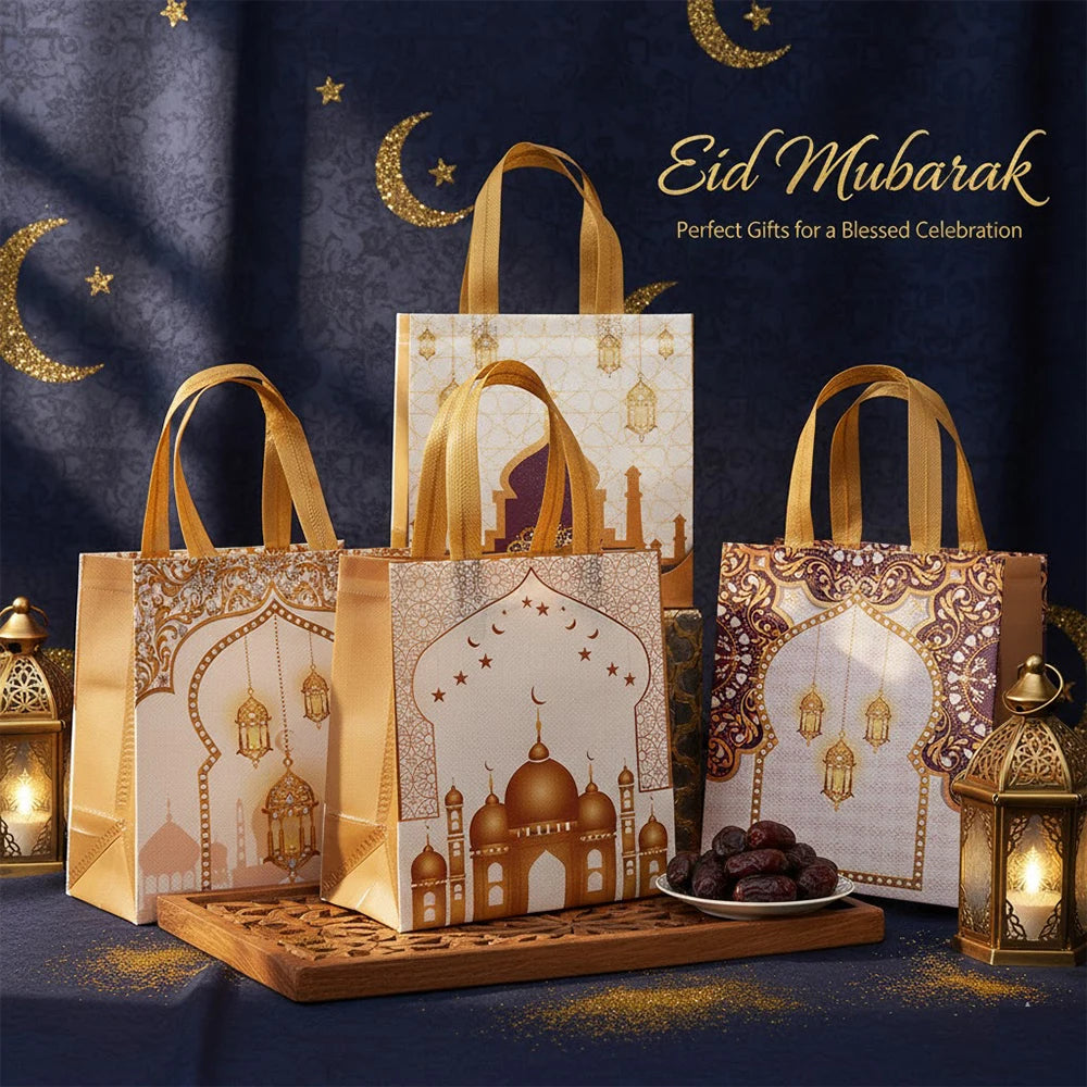 Eid Mubarak Non-Woven Gift Bags with Handles Ramadan Kareem Party Favor Bags for Treats Dates Mosque Pattern Colorful Goodie Bag