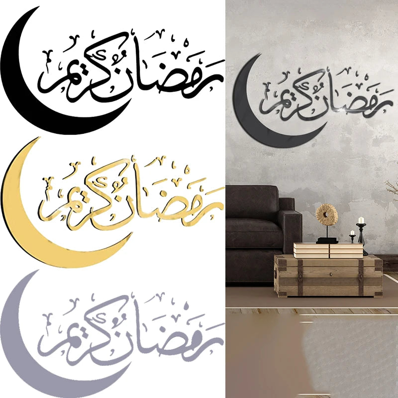 Eid Mubarak Decoration Acrylic Mirror Gold And Silver Black Moon Wall Sticker Islamic Ramadan Kareem Muslim Living Room Decor
