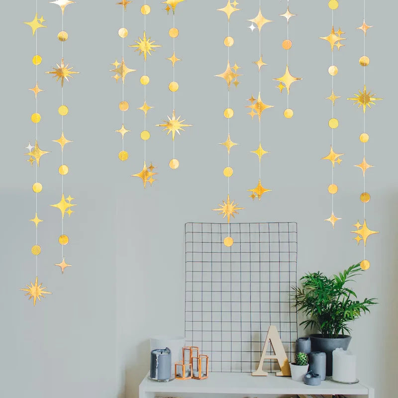 Gold Eid Mubarak Ramadan Decor Paper Star Moon Circle Dot Crescent Lamp Garland for Home Muslim Party Backdrop Banner Decoration