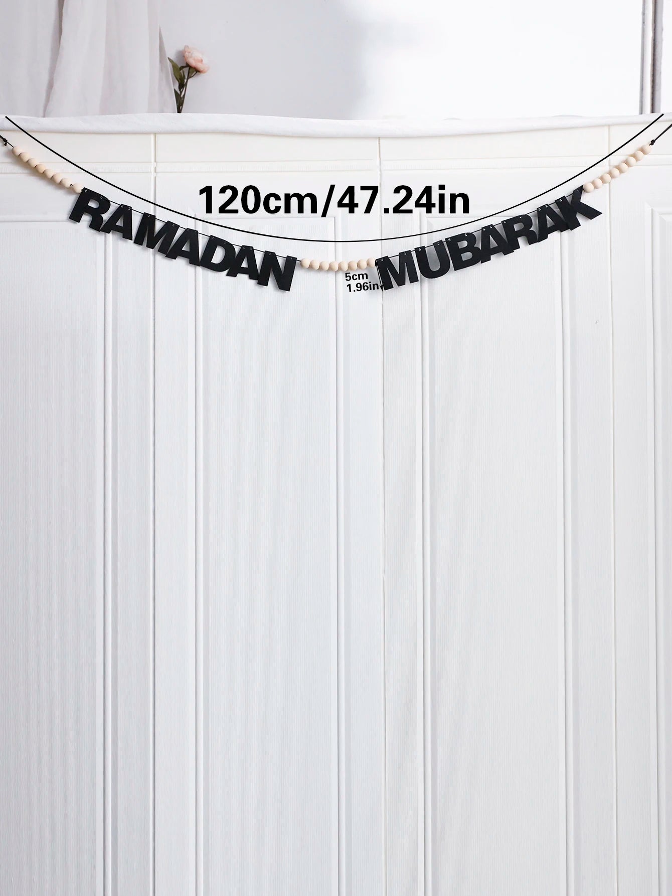Ramadan Kareem Mubarak Banner Decor Black Felt Letters Garland with Wooden Beads Islamic Eid Festival Wall Hanging Ornament Gift