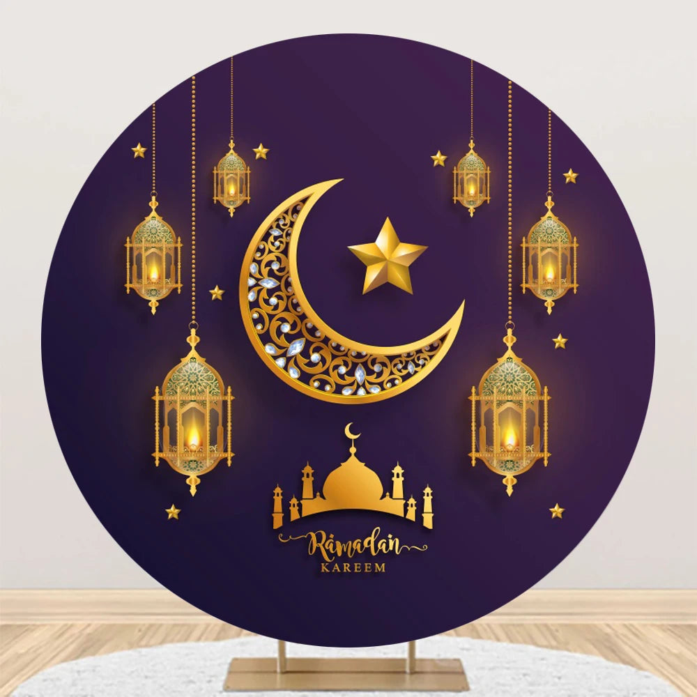 Eid al Fitr Mubarak Round Backdrop Cover Arab Ramadan Karim Golden Moon Star Cloud Lantern Party Decor Banner Photo Stall Props