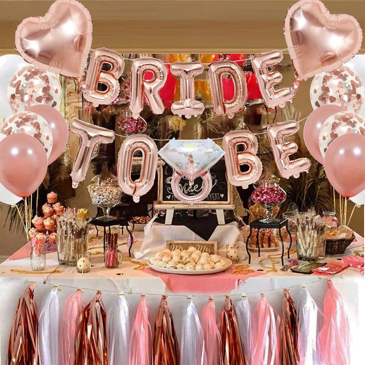 41 Pcs Rose gold Bride to be Balloon Tassel Diamond ring and heart  decoration set Ladies' Singles  Pre marital bachelor party