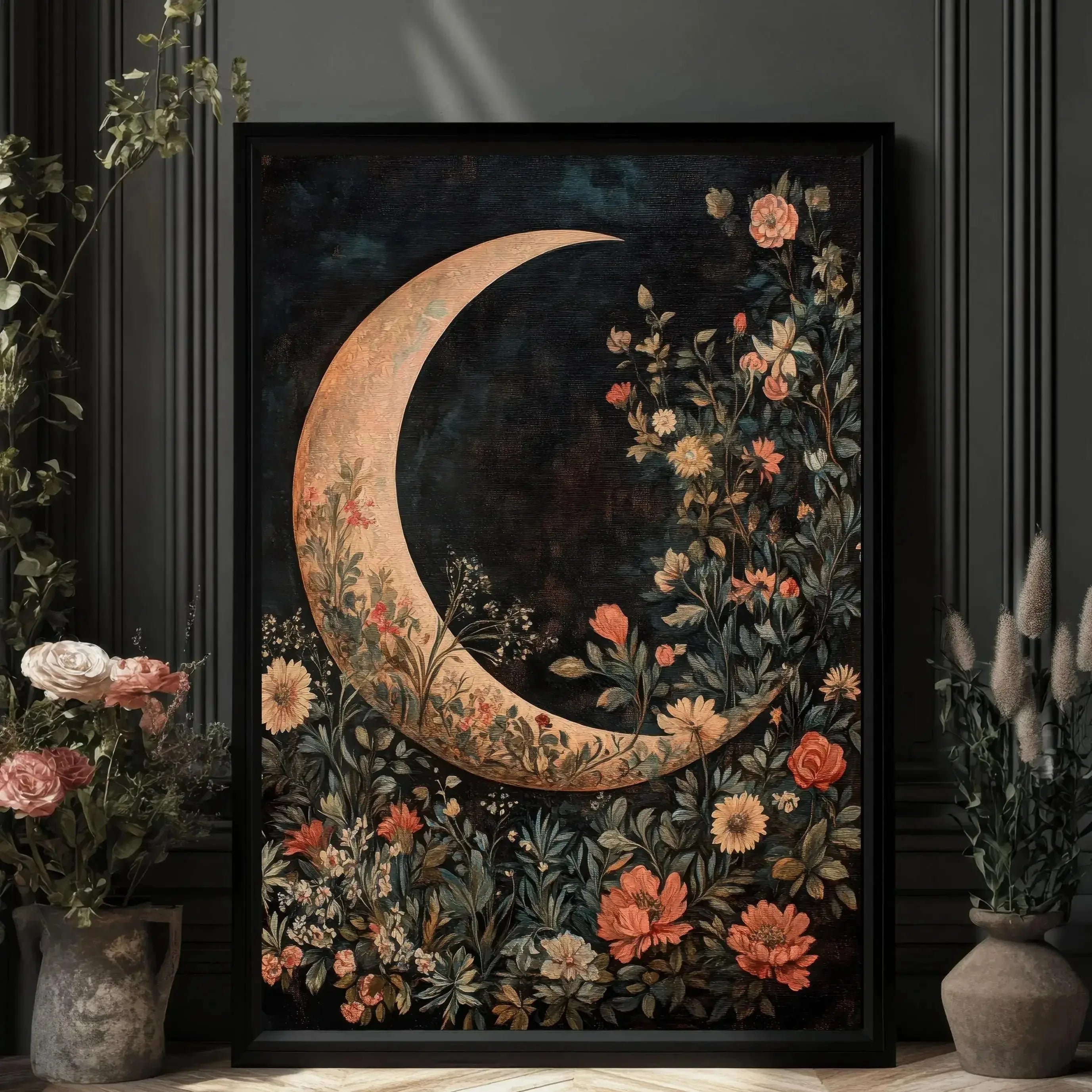 1pc Crescent Moon in Starry Night Sky Folk Art Floral Moon Stars Canvas Print Eclectic Decor Vintage Nature Wall Art Moody Decor