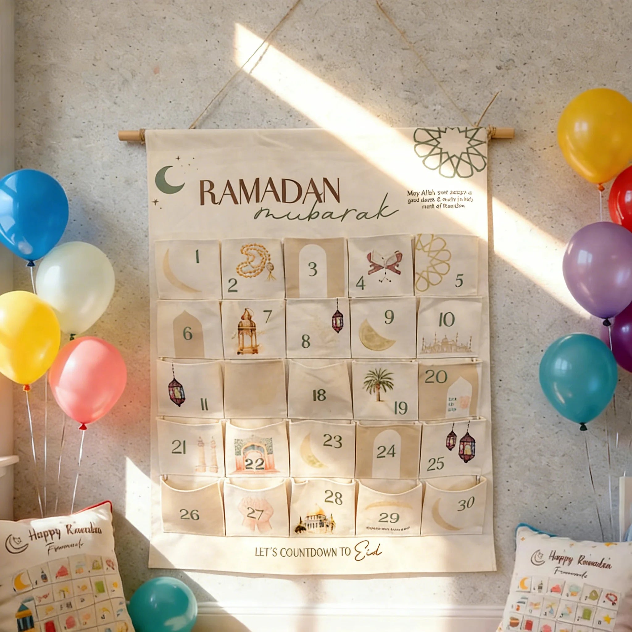Ramadan Advent Calendar for Muslim Islamic Kid Kareem Wall Hanging Home Decoration 30 Day Countdown Calendar Eid Ornament