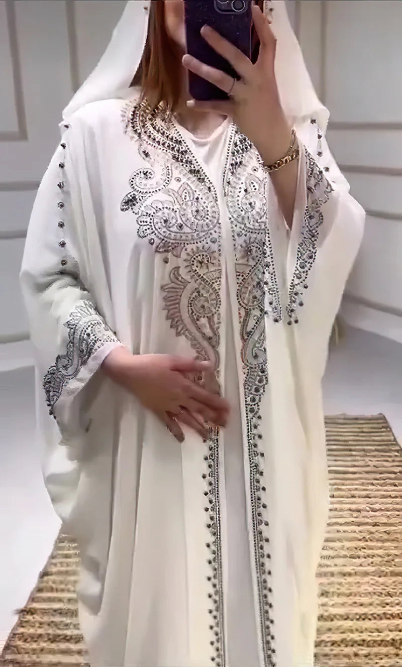 Eid Muslim Dress for Women – Hooded 2-Piece Diamond Jalabiya Kaftan