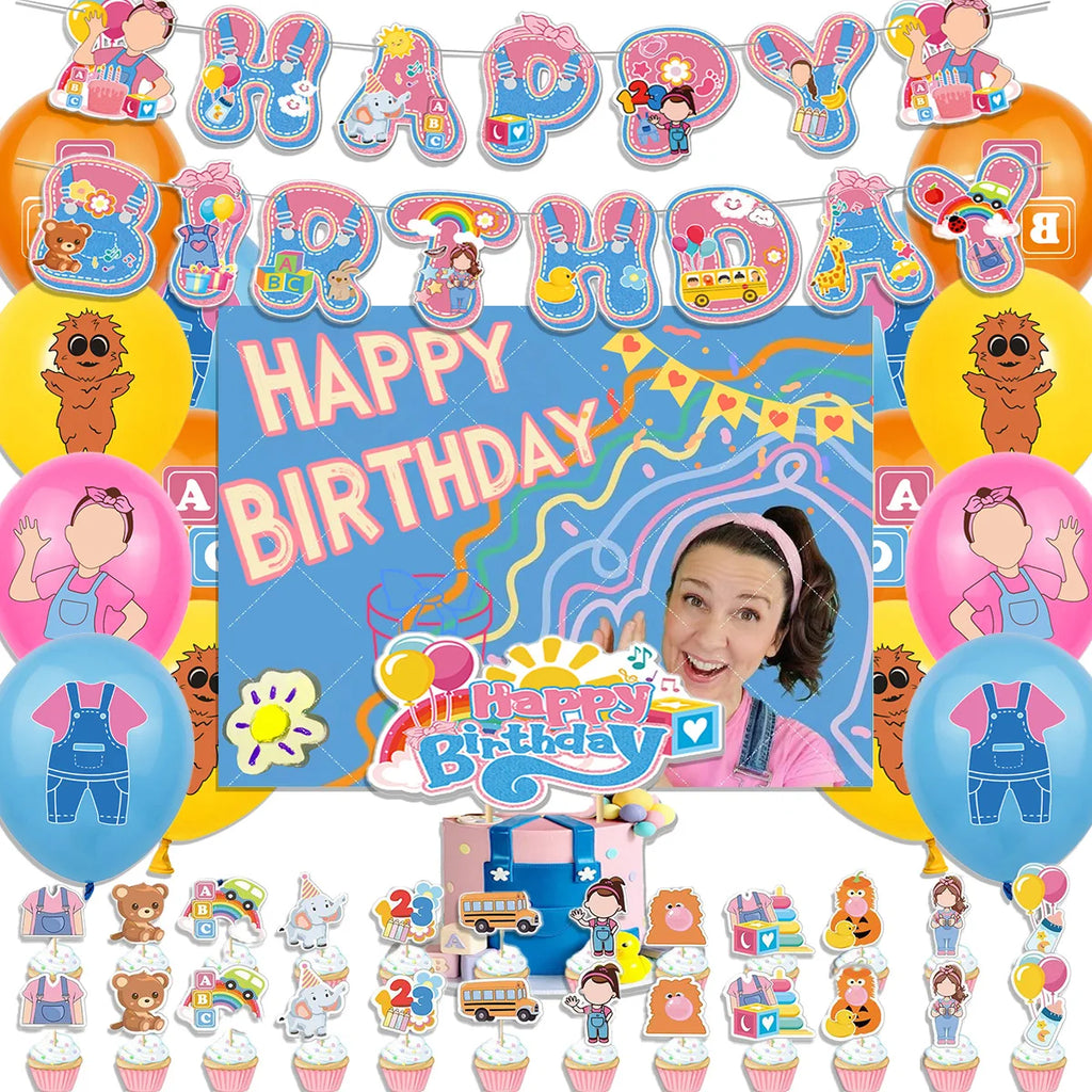 Cartoon English Teacher Theme Child Birthday Party Decor Ms&Racheled Balloon Banner Backdrops Cupcake Toppers for Kids Gifts
