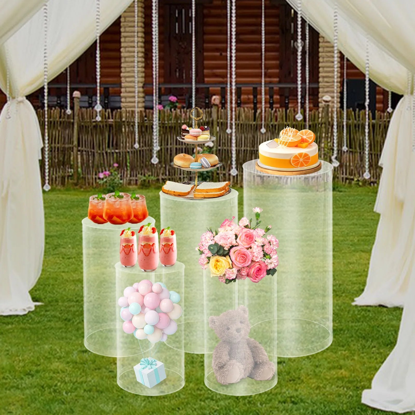 5pcs Crystal-Clear Cylinder Wedding Display Stands, Versatile Acrylic Centerpiece for Table Decor, Modern Dessert Cupcake Risers