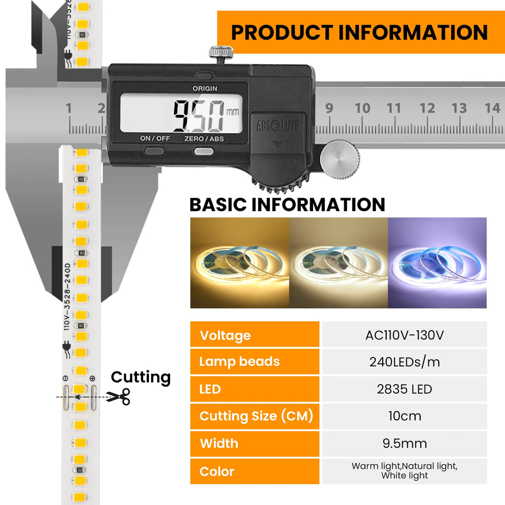 110V 220V LED Strip 2835 240LEDs/M Flexible 10CM Cuttable 5m 10m 15m 20m Soft Light Bar IP44 Waterproof Adhesive Tape Lamp